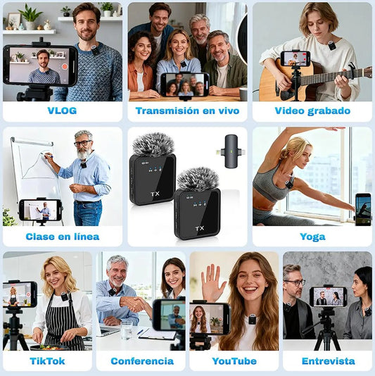 Micrófono Inalámbrico de Solapa Dual Tip 2 en 1 (Tipo C y iPhone)