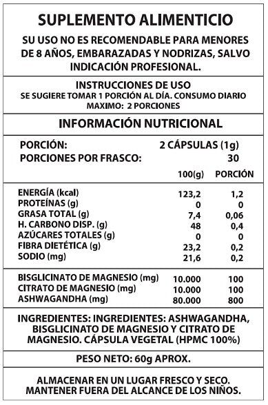 Ashwagandha + Magnesio 1000mg 60 CAPS (estrés y ansiedad)