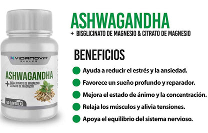 Ashwagandha + Magnesio 1000mg 60 CAPS (estrés y ansiedad)