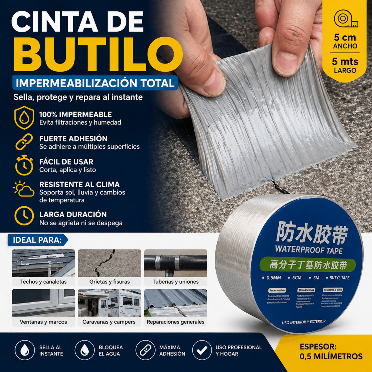 Cinta Adhesiva Tapa Gotera Impermeable De Butilo 5Mt (Compra 2X1)