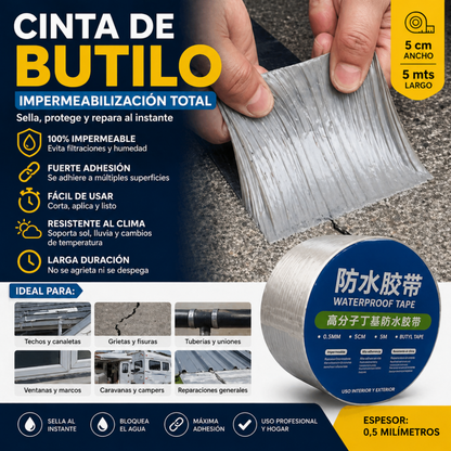 Cinta Adhesiva Tapa Gotera Impermeable De Butilo 5Mt (Compra 2X1)